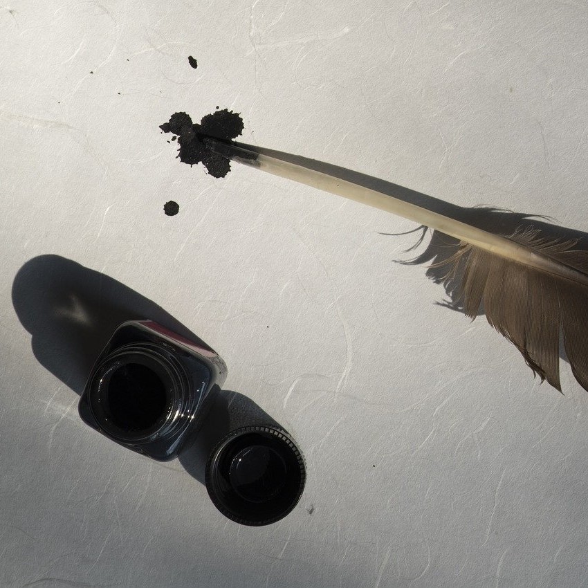 Feahter quill and bottle of black ink from pixabay