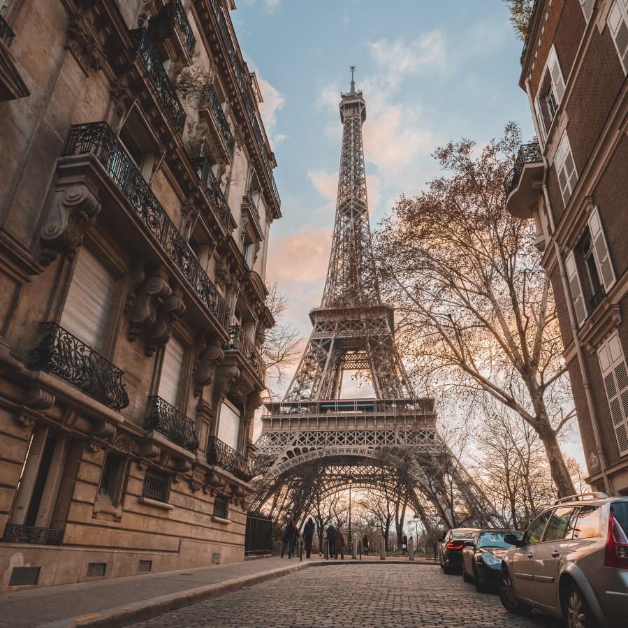 Eiffel Tower from a cobbled street