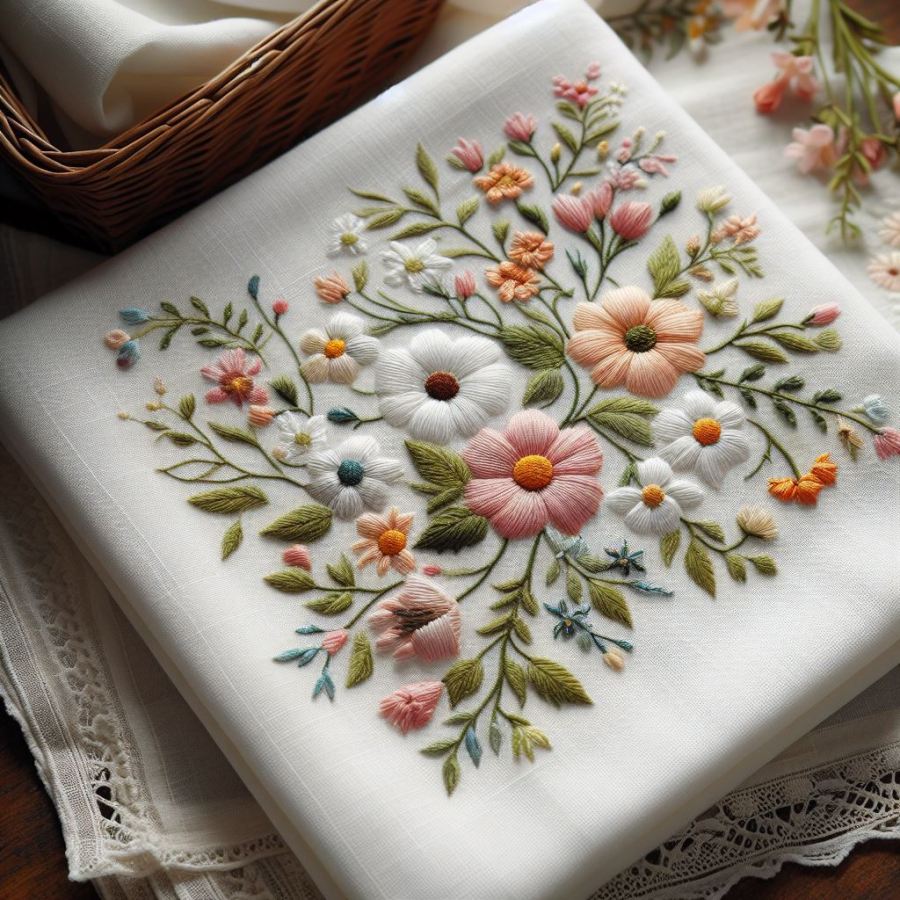 fine white linen handkerchief embroidered with flowers AI image