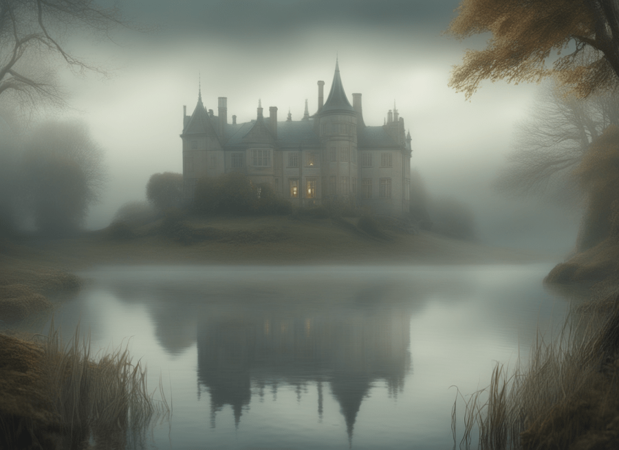 A misty, mysterious lake with a stately home in the distance Scenario AI Image