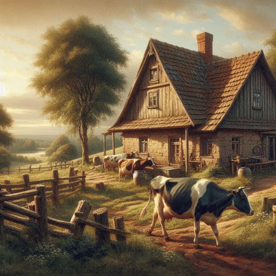 a farm with a cow for milking outside the old stone house AI image