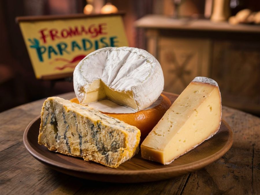 a plate with cheeses on it - brie, a nice gouda and an outstandingly stinky stilton AI image