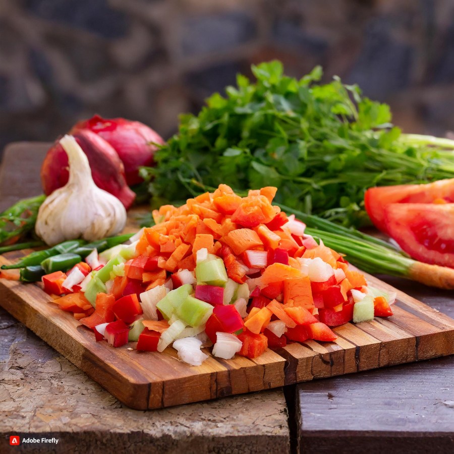 A wooden board with chopped vegetables AI image