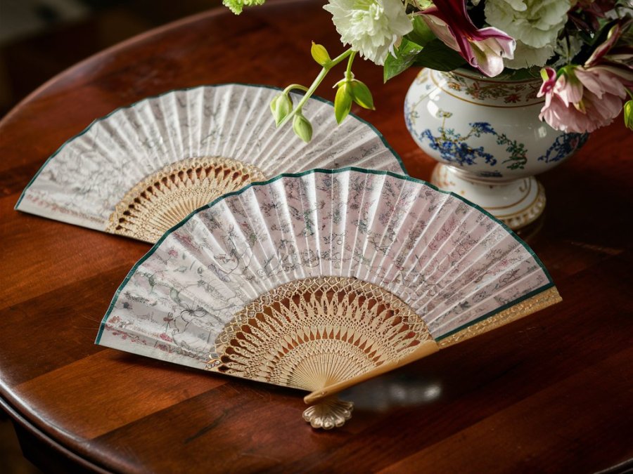 Image of two ornate, old-style ladies' fans on a polished wooden table with a porcelain vase next to them AI image