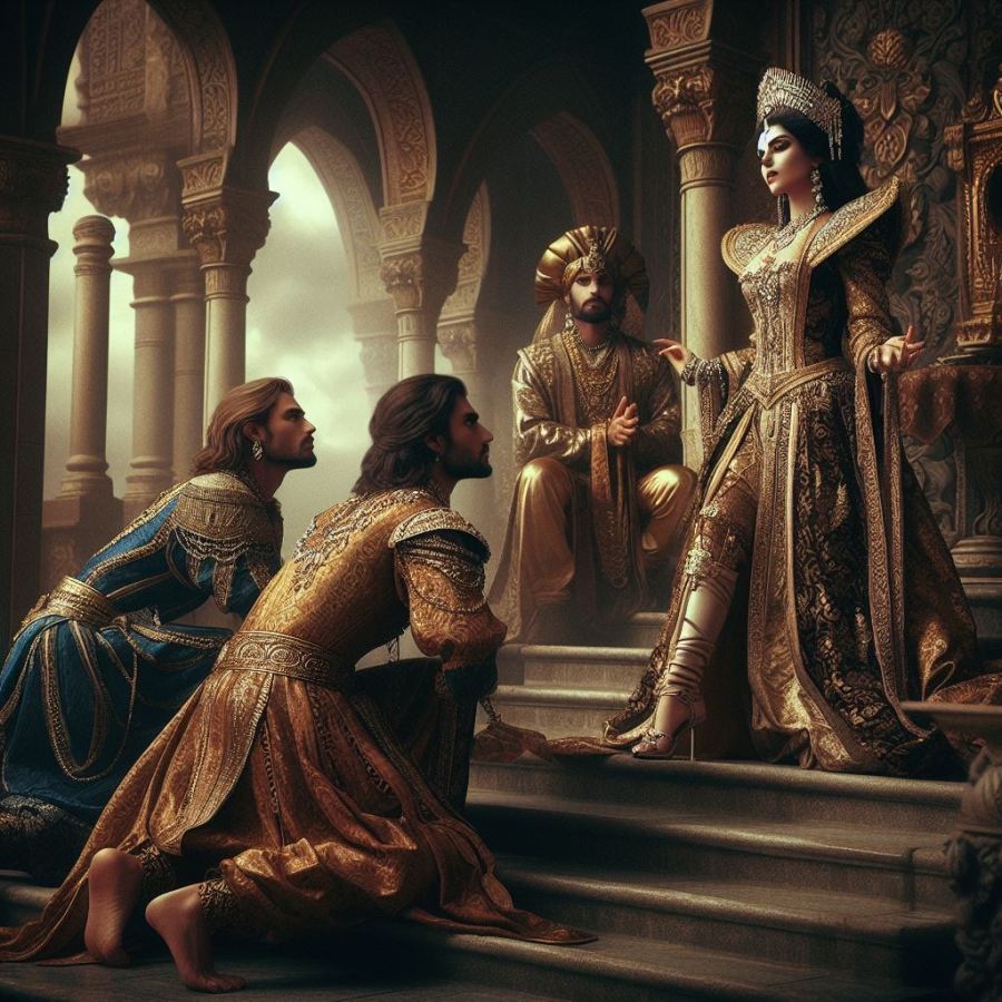 Fantasy image of a queen looking down on two kneeling men, one in very ornate clothing they are facing her at the base of the stairs. She's standing on the dais and looks contemptuous at something they've said or done AI image