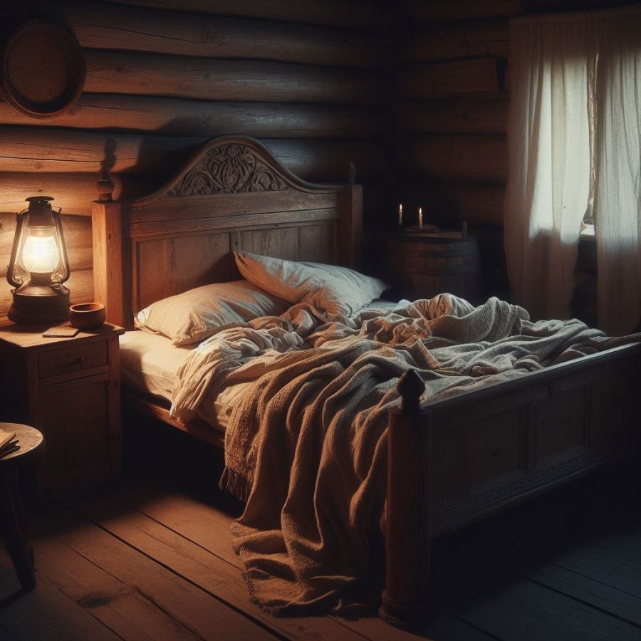fantasy story simple wooden double bed in a cottage bedroom with rumpled sheets and blankets with a single oil lamp on the bedside table for light in the dark, time of day pre-dawn AI image