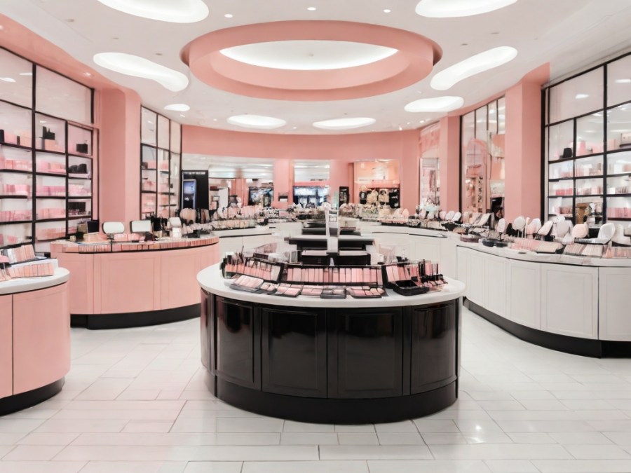 make-up counters in a department store arranged in a semi-circle on a white tiled floor, one of them pastel pink, selling cheaper cosmetics, another is glossy black and white and very high end, there are three others in various colours and styles. AI image