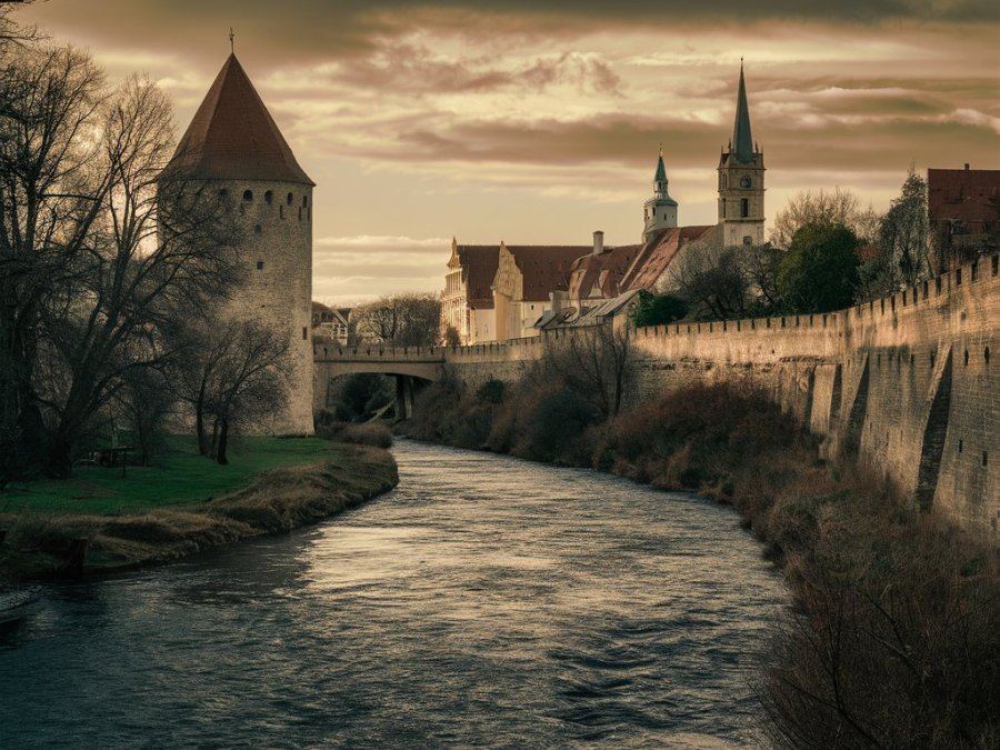 A deep, fast-flowing river by the walls of a medieval town AI image