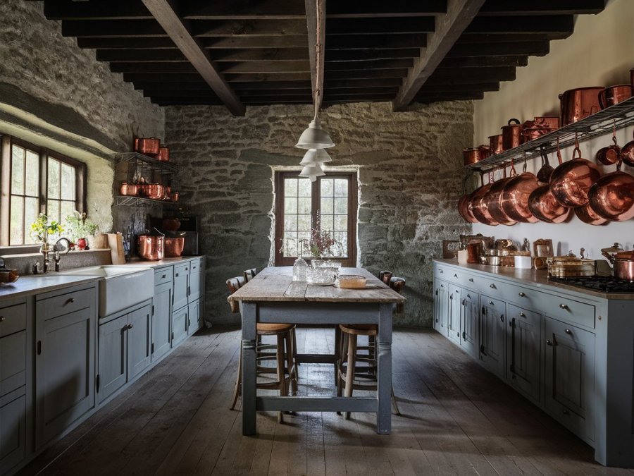 A photo of a country kitchen where sunlight shone off polished copper pots, hanging from racks along one wall of the kitchen, warming the cool, solid grey of the old stones making up the wall. Together with the big, slightly battered wooden table in the middle, and the scent of coffee and baking, the room felt like a hug AI image