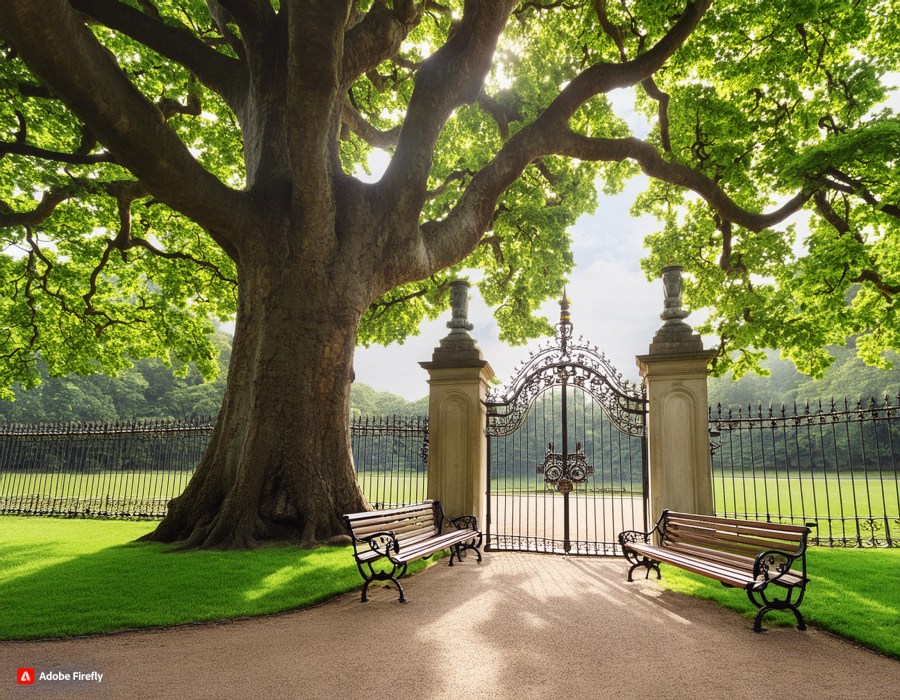 A large chestnut tree near the gate to a park with wrought iron benches and green grass, historical AI image