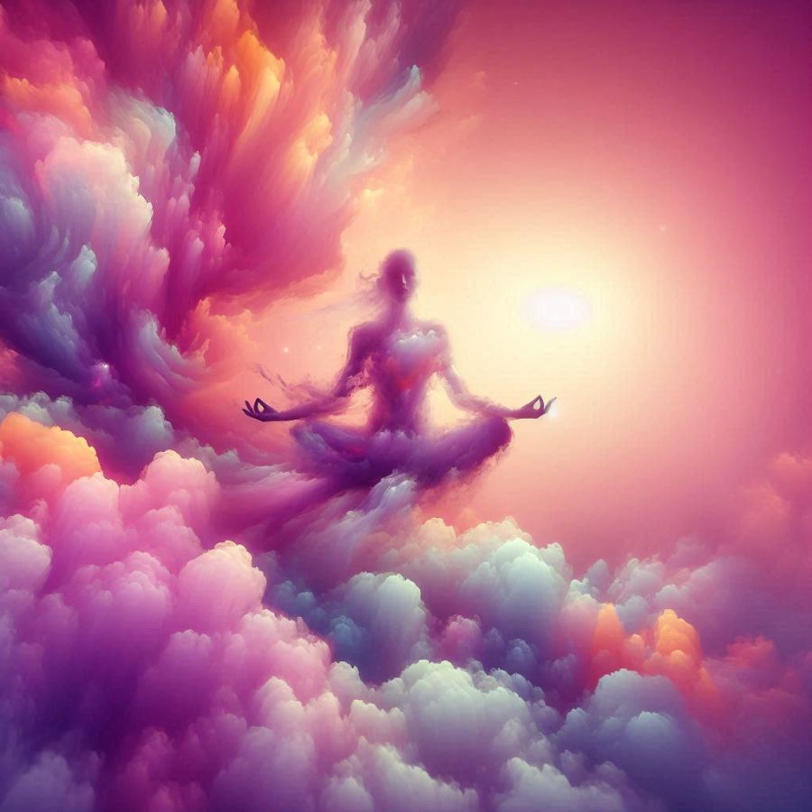 an ethereal image in colours of soft pink and purple of a figure floating through clouds in a meditation pose AI image