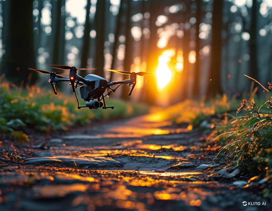 English forest path at sunset with a small camera drone being attacked by even smaller bats AI image