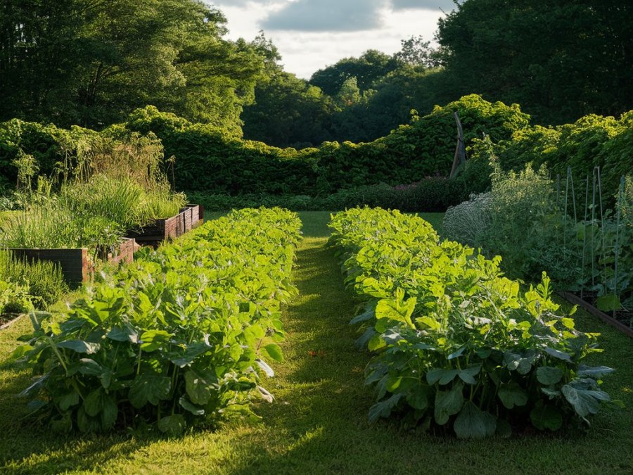 A luxuriant vegetable garden with two rows of peas, plus other vegetables and herbs. AI image