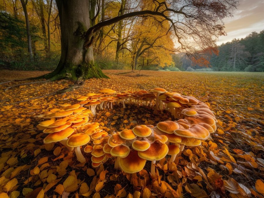 A mushroom circle in an autumn forest glade Ai image