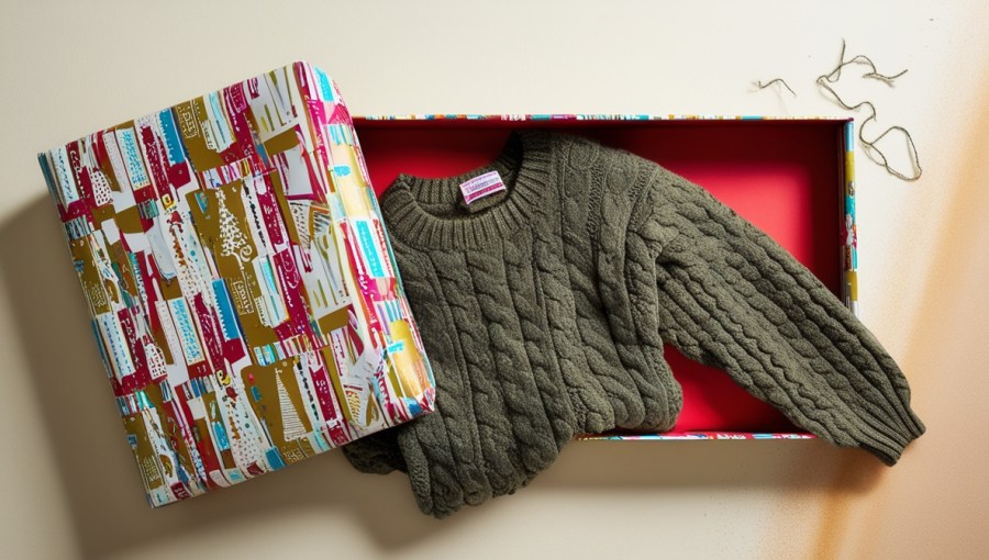 birthday gift wrapping half opened to display an ugly sweater in dull green with cable knit detail AI image