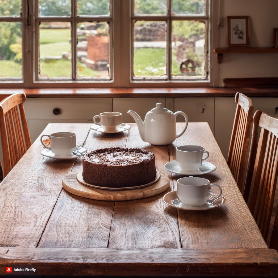 an English country style kitchen with a large, old wooden table in the middle, set with mugs of tea and a chocolate fudge cake AI image