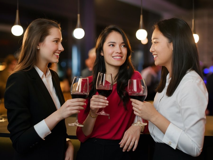 Three young professional women drinking wine and chatting in an upscale city bar AI image