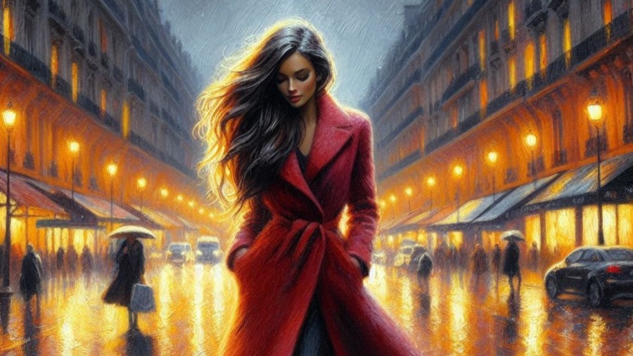 oil painting of a woman with long brown hair in a cherry red overcoat walking down a rainy street in Paris at night AI image