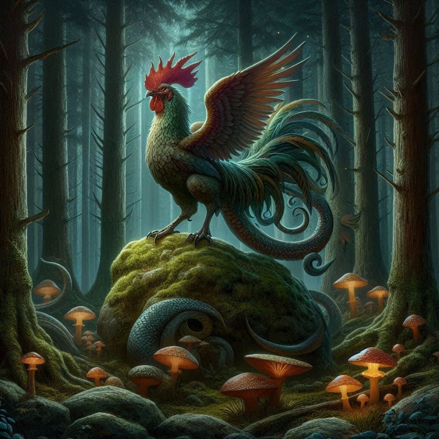 a cockatrice in a dark forest AI image