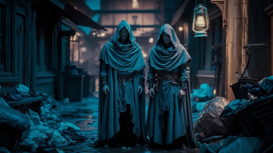 Two figures in grey hooded cloaks hiding in a rubbish-strewn alleyway at night in a fantasy city AI image