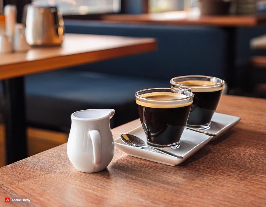 a table in a cafe with two black americano coffees and a sugar bowl AI image
