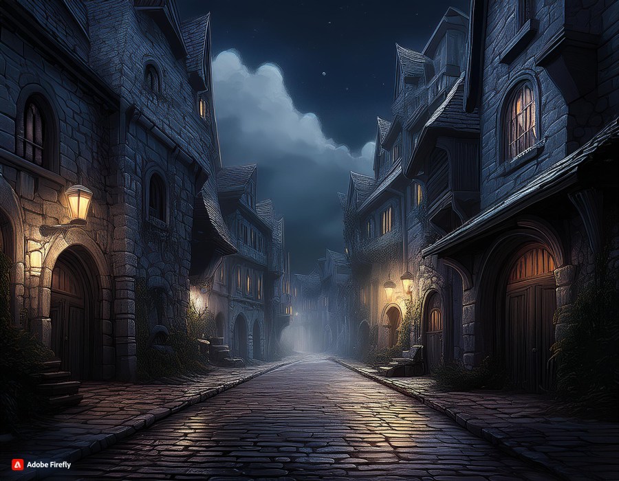 fantasy city at night - dark empty narrow street with looming grey stone buildings and clouds overhead AI image