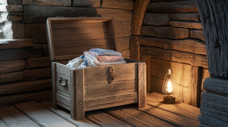 An old carved wooden chest in the bedroom of a wood and stone cottage from a fantasy tale, lit by a single oil lamp. The chest is about 2 feet tall and 3 feet wide and has clean laundry bundled into it AI image