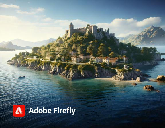 historical fantasy image of a large island, seen from the sea, with morning mist surrounding it. It has a small town with a dock area and a stone fort, with mansions with large, landscaped gardens dotting the hillside behind. AI image