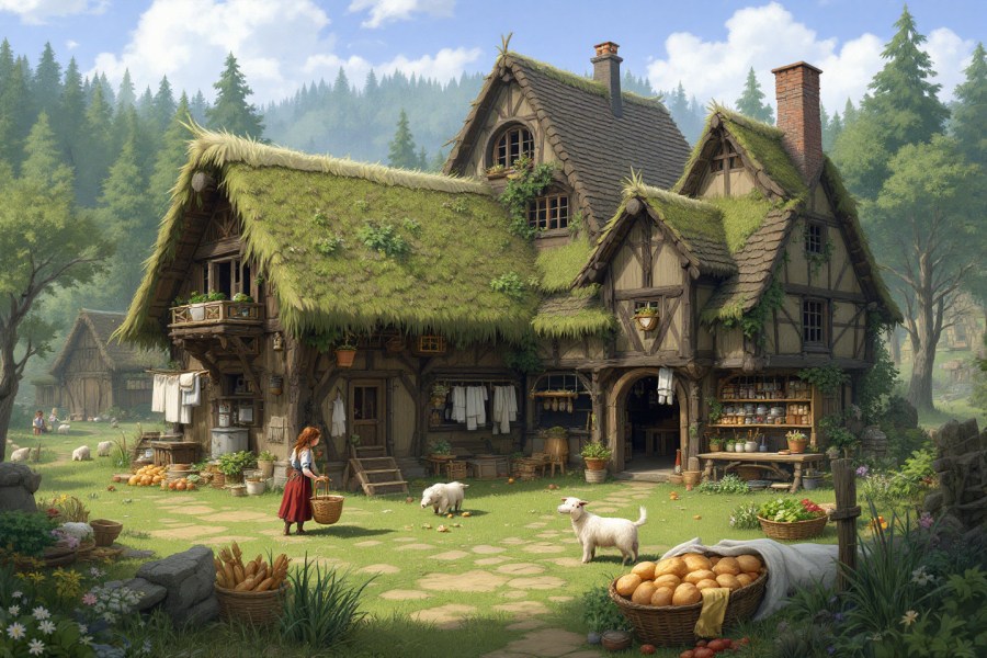 a day in the life of a young woman in a fantasy forest village - breakfast, laundry in the central bath house, carding and spinning wool, harvesting vegetables, and baking bread AI image