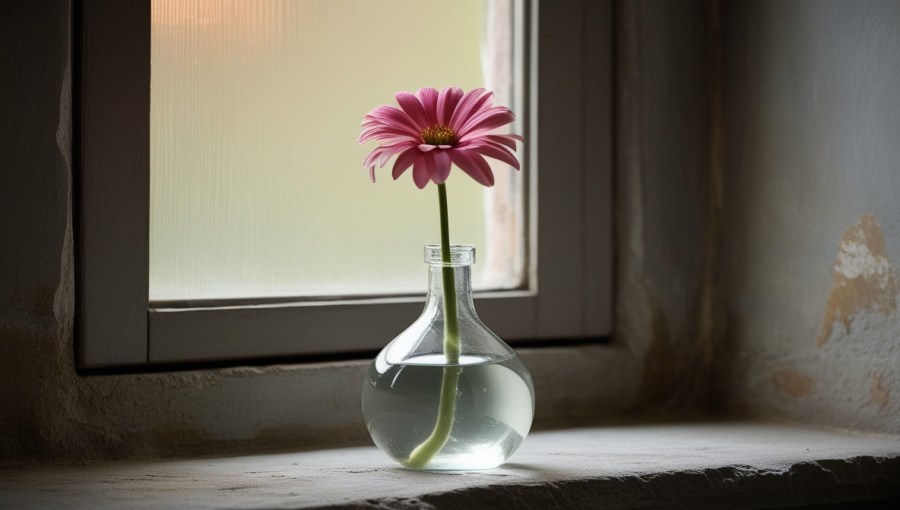 There was a bottle on the stone windowsill being used as a vase. It was clear glass, about half full of water, and held a single, pink flower. AI image