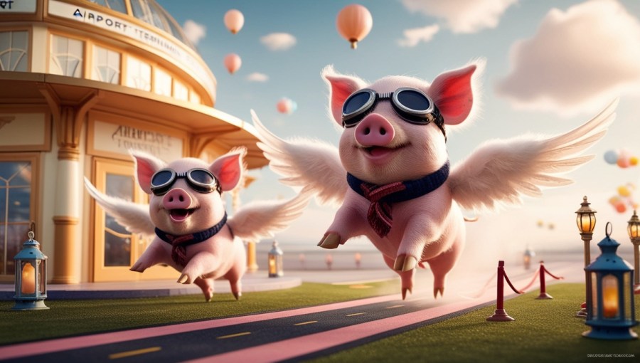 an airport for flying pigs - where cute pink pigs with fluffy white wings take of and land at a whimsical version of an airport AI Image
