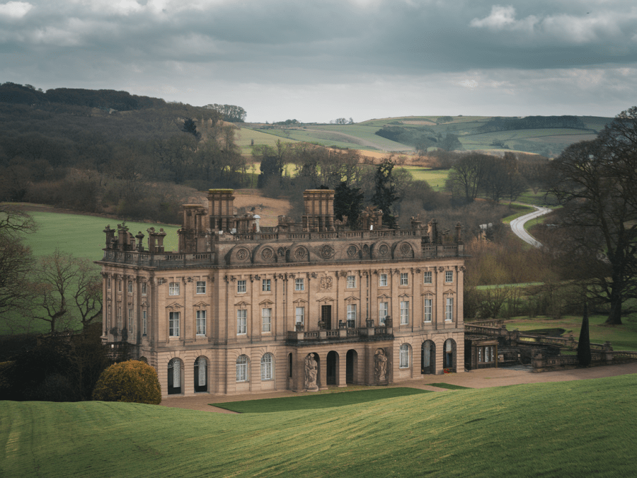 A Baroque-style manor house of decent, but not excessive size, against the backdrop of the rolling English countryside AI image