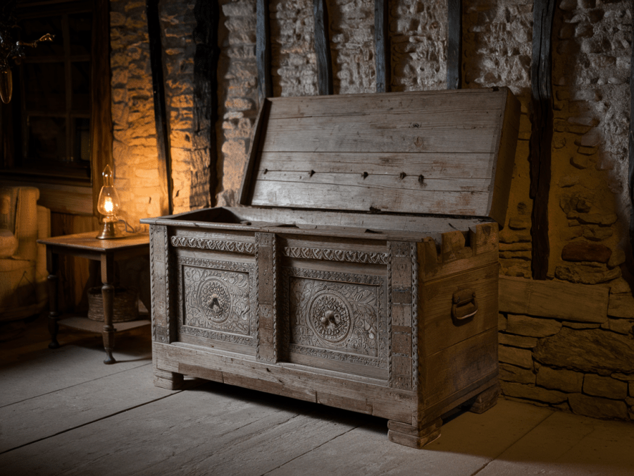 A weathered wooden chest in an old cottage room, standing against the stone and timber wall with an oil lamp on the table beside it. The rich mahogany wood is worn from many years of use, showcasing intricate carvings that hint at untold stories. This detailed depiction, likely a painting, captures the warm glow of lamplight, high lighting the chest's aged beauty. AI image