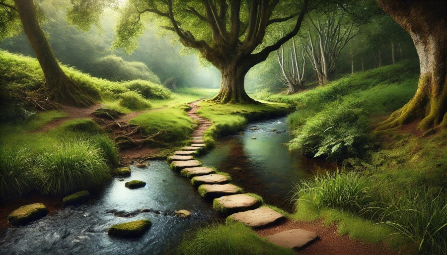 A serene stream flows gently through a lush green forest, with smooth, flat stepping stones crossing the water. On either side, a grassy path follows the stream's curve. Upstream, a narrow, almost hidden path leads into the dense forest, nestled between an ancient oak tree with sprawling branches and a prickly holly bush. The sunlight filters softly through the leaves, casting dappled patterns on the water and grass. AI image