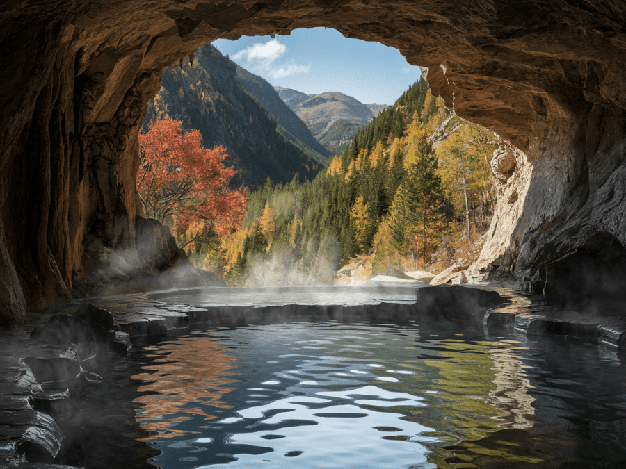 A set of hot springs in a cluster of rocks hidden at the narrow end of a mountain valley - there's steam coming off the water and the trees in the background are in the reds and oranges of autumn AI image