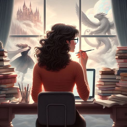 An illustration of a woman with dark curly hair and glasses, holding a pen and looking out of a window at a fantasy landscape