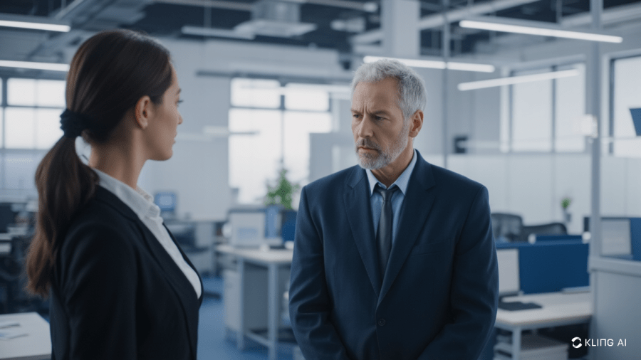 An office setting, overlooking a workshop. The office belongs to a figure we don't clearly see, it's uncertain if it's a man or a woman. The figure is talking severely to an officious-looking middle aged man. AI image