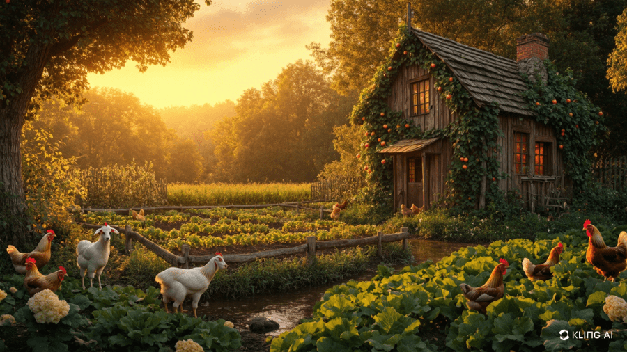 Dusk settles over a forest garden where rustic wooden houses with climbing vines share space with orderly vegetable plots. Heritage breed chickens roost in their enclosure near curious goats, while fruit trees create a natural boundary between the cultivated clearing and the wild forest. A gentle stream provides natural irrigation for this thriving micro-farm AI image