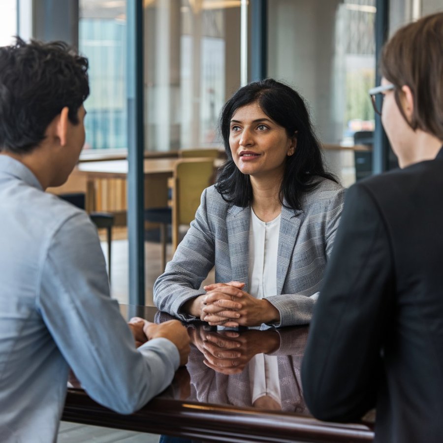 A job interview in a modern London office. A middle aged Indian woman is being interviewed by two younger people, sitting around a polished wooden table. One of the interviewers is of Chinese descent, with they/them pronouns, and another of European descent. They are all wearing smart casual clothing suitable for their surroundings AI image