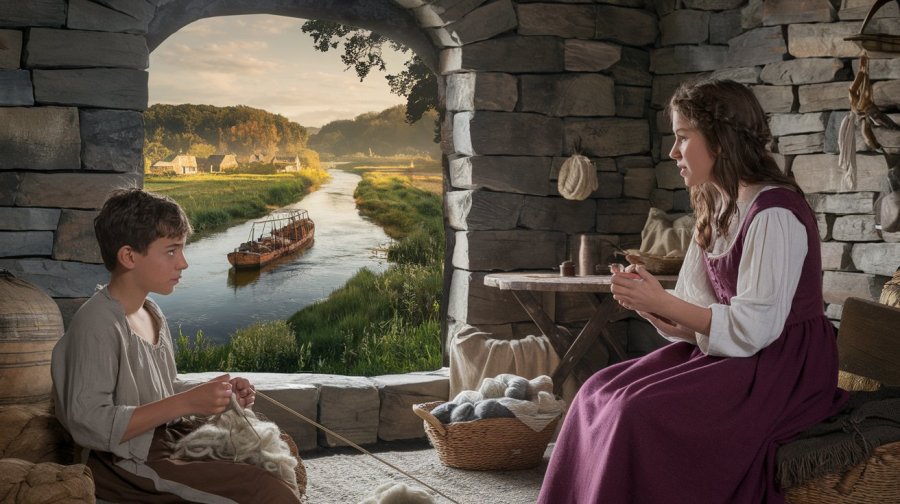 Historic fantasy fairytale setting. In a room in a stone cottage, a 10-year-old boy spins wool on a drop spindle as a 16-year-old girl with brown hair tells a story of a trip down the river on a trading barge, the story forming images for both of them. The river has fields and villages on one side, and old forest on the other. Ideogram image