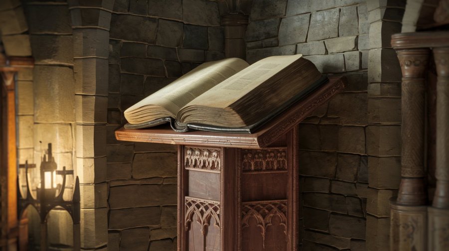 Book - big, old, leather. Book stand - tall, wood, large. Room - dim, stone. AI image