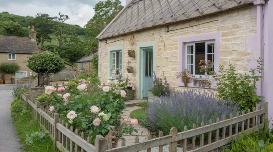 A pretty stone cottage in a small garden with roses, lavender and mint, on the edge of an English village Ideogram image