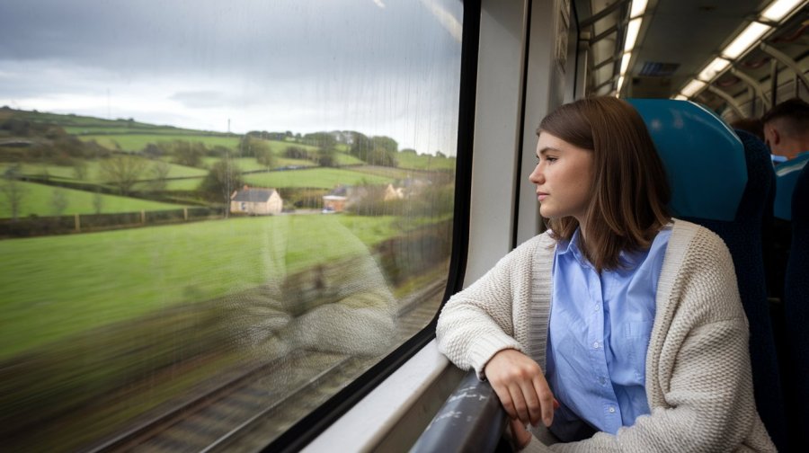 A young woman on a train watching the English countryside pass by through the window. Ideogram image