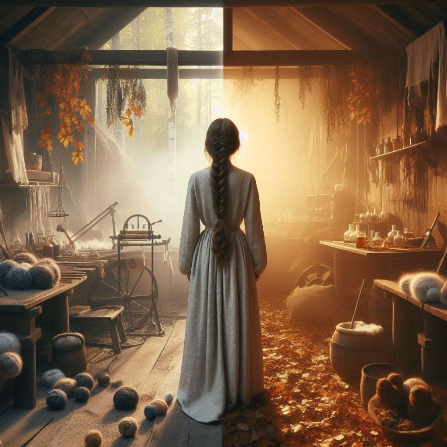 A young woman standing between two apprenticeships, one as a weaver, the other as a healer