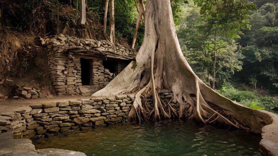 an old stone hut in a forest, large enough for someone to live in, half built into the hollow of a huge old tree’s roots, The tree is at the bottom of a high bank, and a few steps from the hut is a deep natural pool Ideogram image