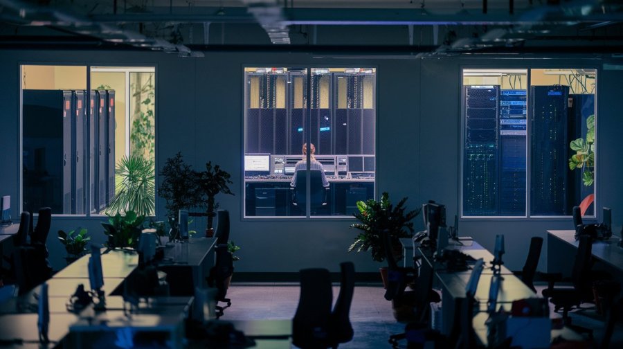 A wide shot of a dark open plan office at night, there are lights on in the server room and a woman visible through the server room windows, sitting at the control panel for the servers with her back to the windows. Ideogram image