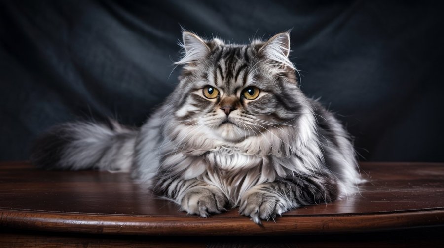 A fluffy grey cat, whose menacing expression is at odds with its soft, fluffy appearance. It is lying on a table, glaring at the world Ideogram image