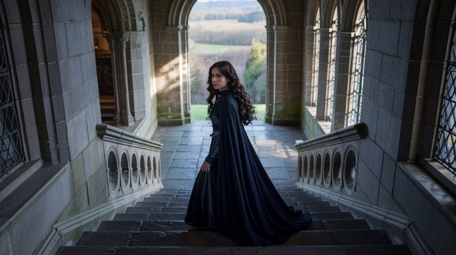 young woman with dark hair, wearing a long, midnight blue cloak walking down the stairs from the walkway on top of the walls of a stone castle. medieval setting and she is the lady of the castle. Ideogram image