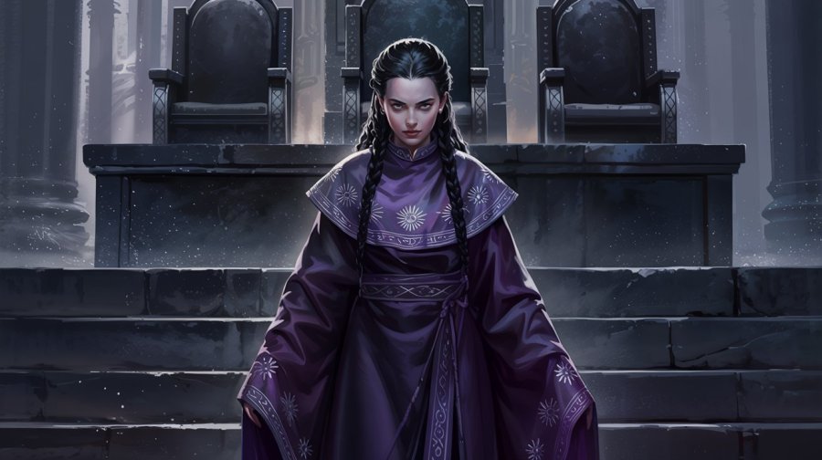 fantasy image of a woman in the deep purple robes of a temple mystic, her eyes glowing sliver as she walks down the three stone steps from the dais where three empty thrones sit. Ideogram image