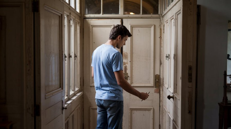 A handsome young Anglo-Indian man in jeans and a t-shirt from the back. Focused on unlocking a plain wooden door that doesn't want to be opened at the end of a corridor with windows down one side on the top floor of an English Manor house Ideogram image